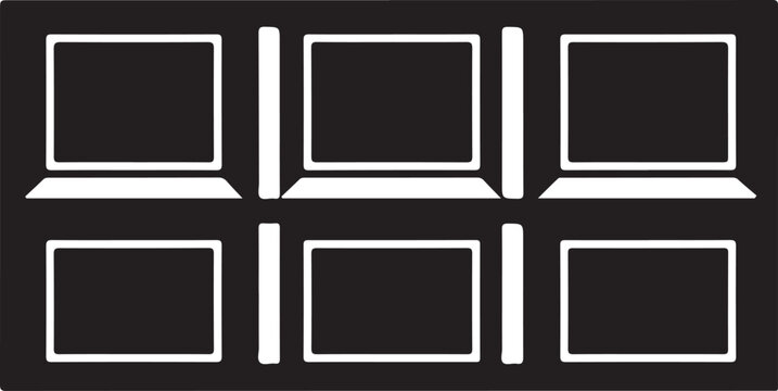 Laptop, computer icons, white outlines, black background, technology symbols, vector graphics