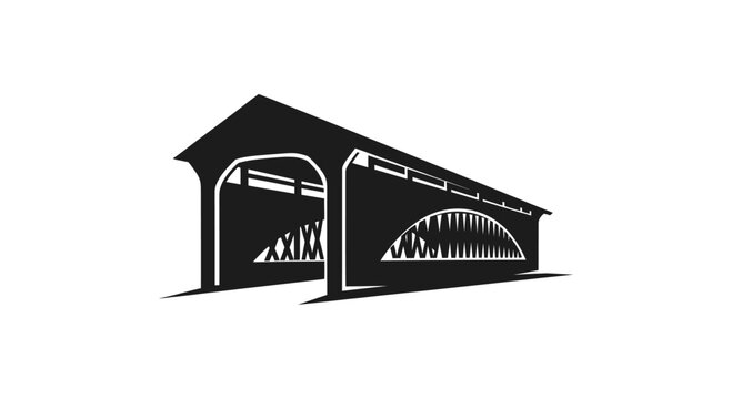 Silhouette of a historic covered bridge against a white background