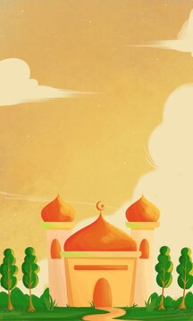 Islamic mosque illustration with trees and sky background for Ramadan and Eid Mubarak