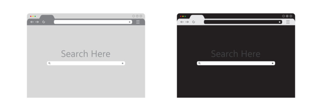 Search Engine Browser Window Vector Set, Internet Homepage in White and Black Mode Flat Illustration for Digital Marketing, App Mockup and Web Presentation.