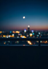 Fototapeta premium A dark balcony overlooks a distant urban landscape where soft bokeh lights glow under the night sky, evoking deep melancholy and solitude, glowing, cityscape, buildings