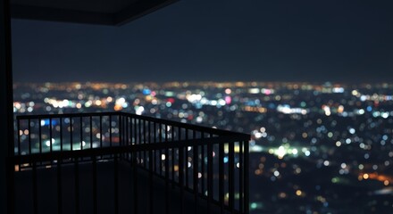 Fototapeta premium A dark balcony overlooks a sprawling metropolis at night, with glowing city lights and distant bokeh creating a somber, melancholic mood, scenic, apartment, background