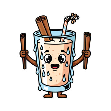 Cheerful cartoon horchata character holding cinnamon sticks, a popular sweet beverage illustration