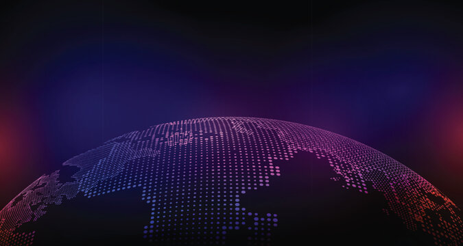 Digital globe world map with dotted world concept on blue and purple dark background for technology and global business  