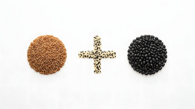 Complete Protein Amino Acid Pairing Rice Beans Overhead Diagram White Background Studio Nutrition Education Photography