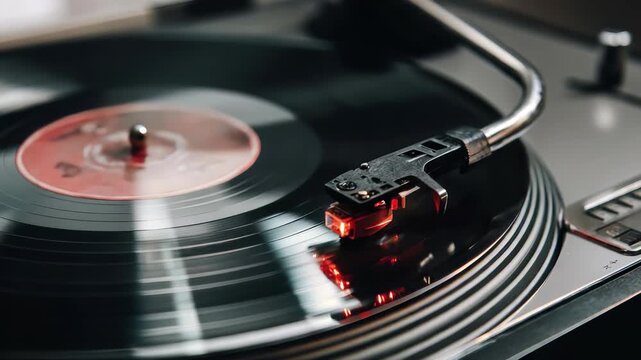 Close up of a vinyl record spinning on a modern turntable, capturing the nostalgic essence of analog music. The stylus gently touches the grooves, evoking retro vibes and timeless sound