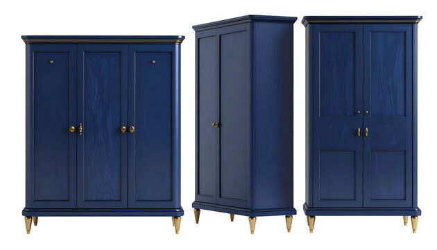 Three dark blue wooden cabinets with gold accents, set against a black backdrop