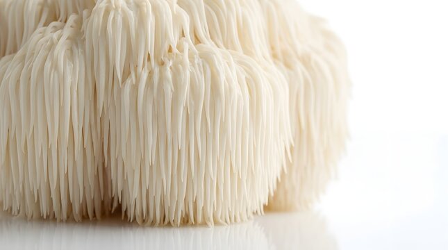 Lion's Mane Mushroom Hericium Spine Macro Extreme Close Up White Background Studio Nootropic Functional Food Photography