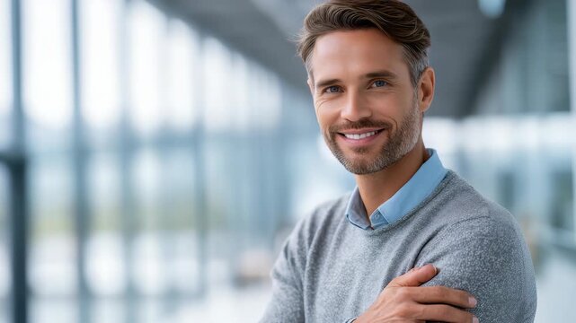 Confident young businessman with a charming smile standing in a modern glass office, arms crossed and looking at the camera. Professional success and positive attitude concept