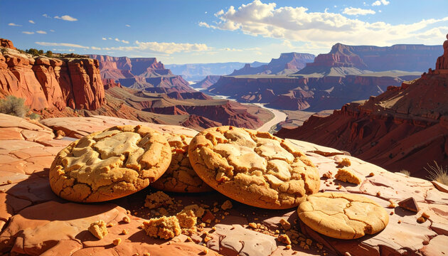 Cookies on rocky terrain with scenic canyon landscape background