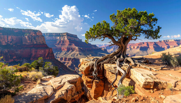 Desert landscape with rugged cliffs tree and blue sky