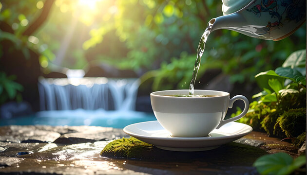 Fresh tea being poured into a teacup with a waterfall in the background