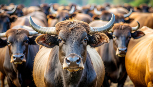 Herd of water buffalo grazing in sunlight with horns displayed