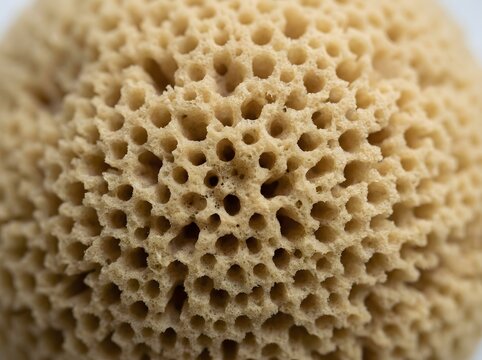 A close-up view of a beige, porous, sponge-like object with a complex network of small holes and channels