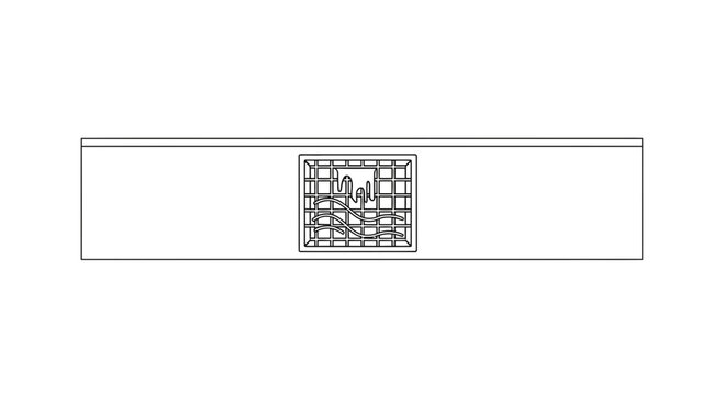 Line art illustration of a stylized urban landscape and water waves on a rectangular grid pattern
