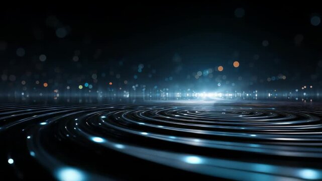 Futuristic abstract background featuring glowing concentric circles on a dark reflective surface, illuminated by blue and white lights. Modern digital energy concept with bokeh effects