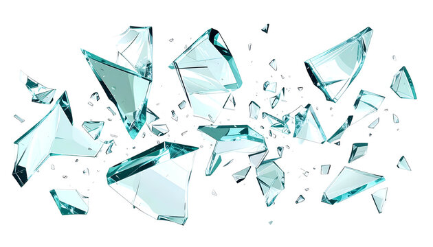 Shattered translucent glass fragments explode against a stark black background