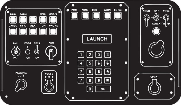Futuristic control panel, launch button interface, black and white vector, industrial control board, electronic dashboard