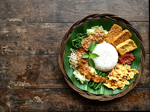 Healthy indonesian food Nasi pecel, with steam vegetables , peanut sauce, fried tempeh, peanut crackers, fried tofu in top down view and copy space