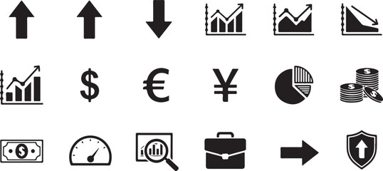 Fototapeta premium Business finance icons, financial symbols, 20 black vector graphics, money and chart signs