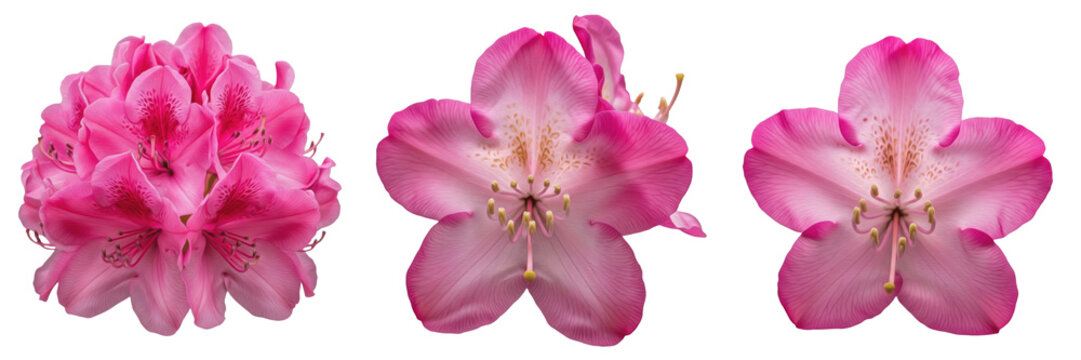 Three vibrant pink rhododendron flowers with delicate petals and stamens isolated on white background set.