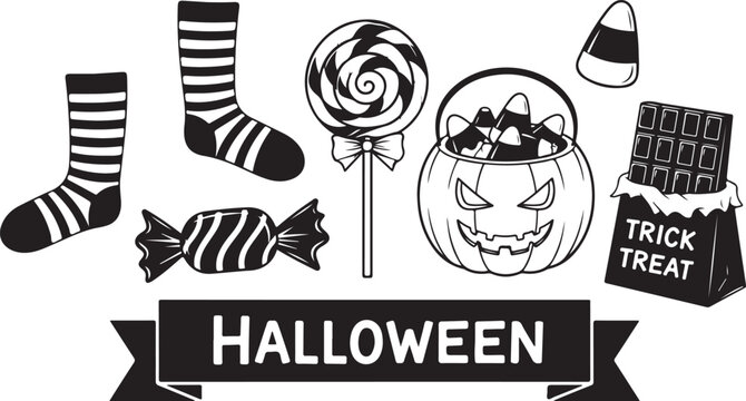Halloween icons, black and white vector graphics, spooky symbols, holiday illustrations