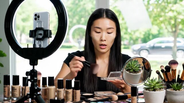 Asian woman applying foundation makeup while filming a beauty tutorial with a ring light