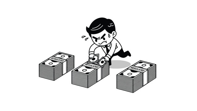 Business finance: Man cutting money stacks with scissors, symbolizing budget cuts & expense reduction.