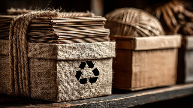 A box wrapped in twine holds stacked recycled paper, featuring a black recycling symbol on burlap texture. In the blurred background, more boxes and a ball of string sit on a rustic wooden shelf.