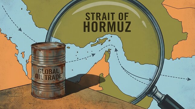 Oil barrel global oil trade Strait of Hormuz map illustration with magnifying glass and shipping lanes showing critical energy transport importance.