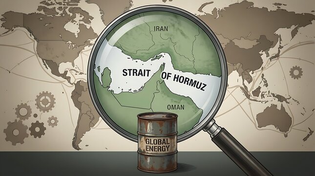 Global energy Strait of Hormuz map illustration with magnifying glass on world map and oil barrel showing key trade route importance and industrial connections.
