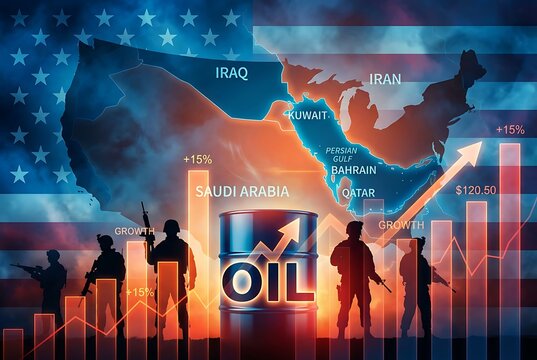 Oil barrel with US flag map background and military soldiers symbolising global economic growth and geopolitical impact.