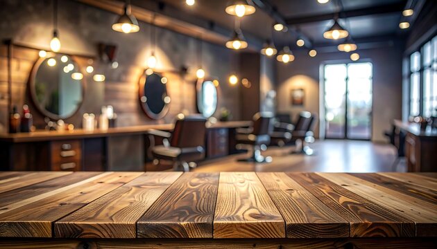 A wooden table in a blurred barber shop interior