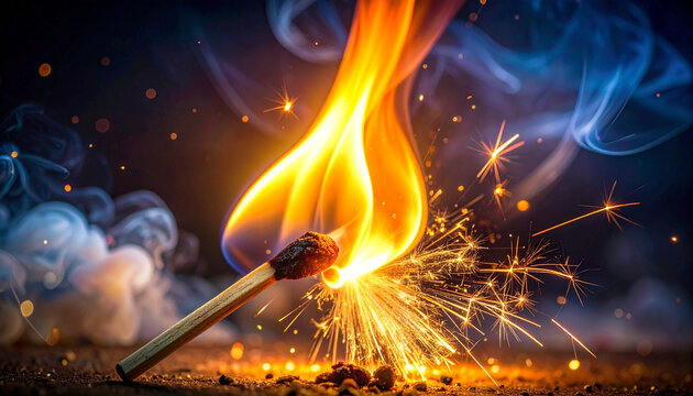 Burning match with bright flames and sparks against a dark backdrop