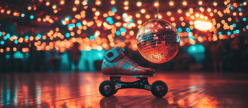 Vibrant Disco Night: Retro Roller Skate and Mirror Ball on a Gleaming Dance Floor