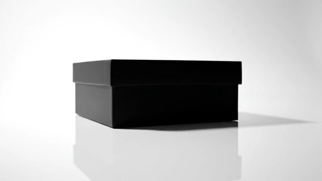 A matte black rectangular cardboard box with a lid, positioned centrally on a bright white reflective surface, featuring a soft drop shadow against a neutral light gray background.