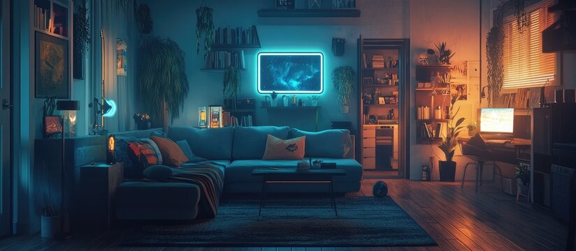 Vibrant Dual-Lit Living Room: Neon Galaxy & Warm Amber Glow