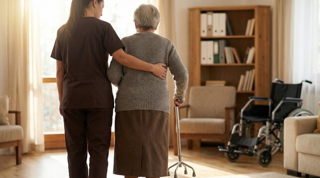 Rear view of compassionate home health aide supporting senior woman with mobility issues