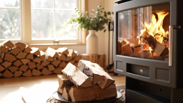 Cozy indoor scene with modern wood burning stove and stacked firewood
