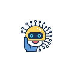 Obraz premium Friendly AI Robot Head Icon with Circuitry Held by a Hand, Symbolizing Digital Assistance, Smart Technology, Innovation, and Future Tech Solutions.