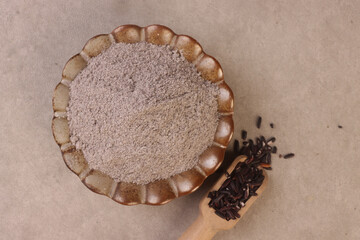 Black glutinous rice flour is a finely milled powder made from black sticky rice. © menik