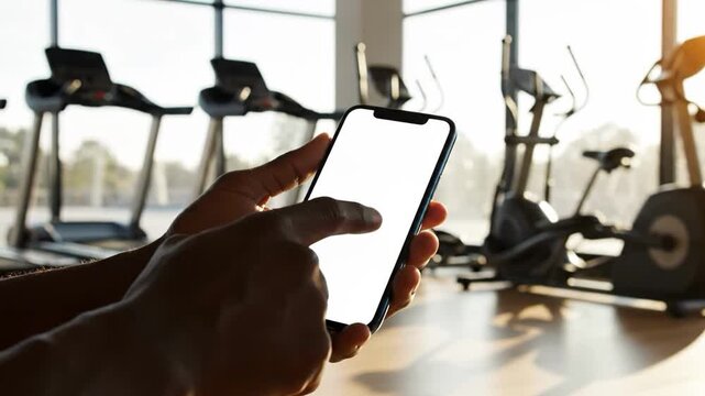 Close up of person using smartphone with blank screen in a bright gym setting