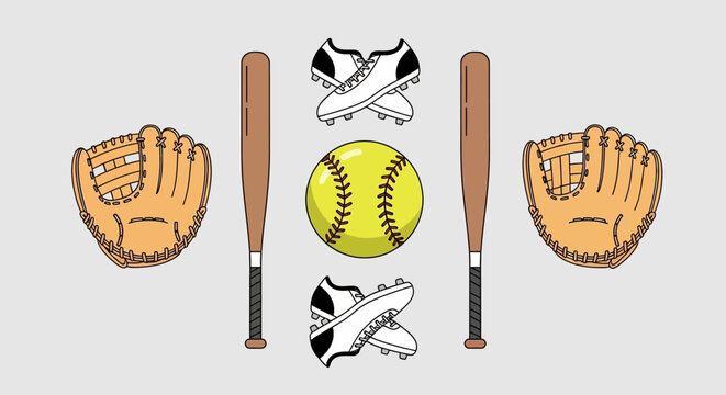 Baseball and Softball Gear: Bats, Gloves, Ball, and Cleats on Gray Background