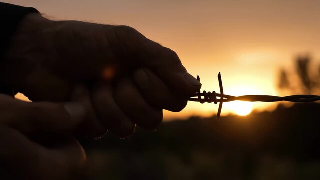 Hand holding barbed wire against a dramatic sunset silhouette