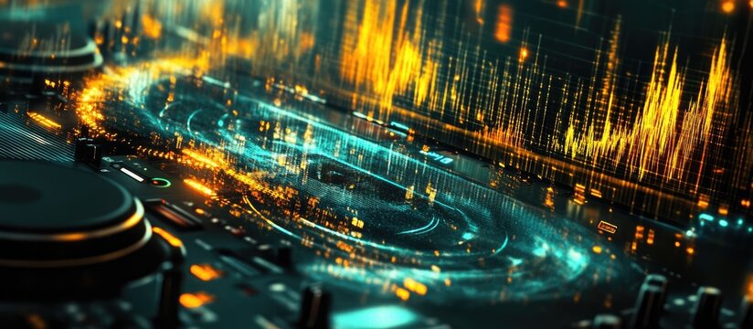 Vibrant Futuristic DJ Deck with Glowing Teal Swirls and Golden Audio Visualizer