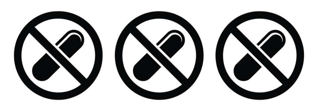 Pill forbidden icon collection, crossed-out tablet symbol, no medication sign, drug restriction warning, and medical safety concept vector