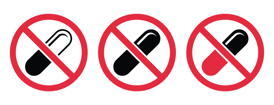 No pill vector signs set, medication prohibition symbol, drug restriction icon, no medicine allowed warning, and healthcare safety concept vector