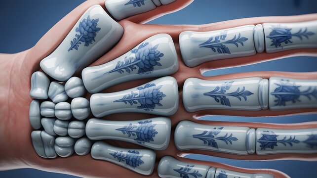 A human hand with blue floral bone tattoos on the fingers and wrist, set against a dark blue background, showcasing unique body art and skeletal design.