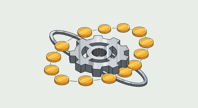 Financial Technology Concept: Cogwheel and Digital Coins Orbiting