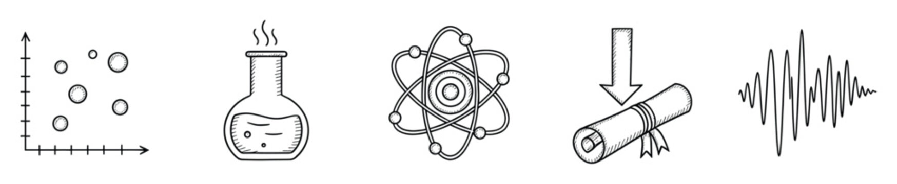 A compilation of hand drawn doodle science and education icons featuring a scatter plot, boiling flask, atomic model, diploma, and waveform for academic and research materials.